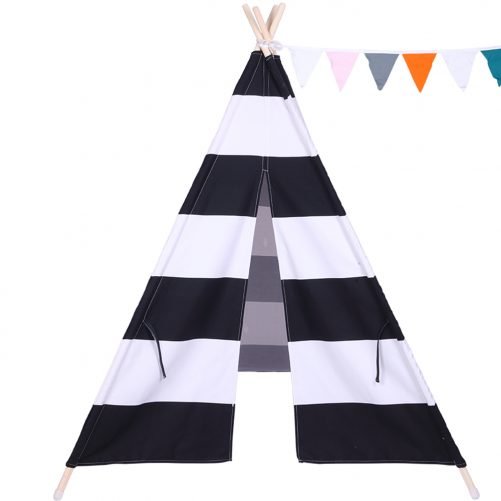 Children Teepee Tent with Small Coloured Flags roller shade and pocket Black and White Stripes
