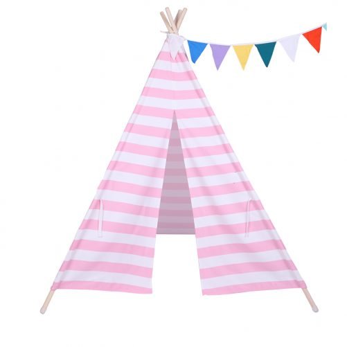 Children Teepee Tent with Small Coloured Flags roller shade and pocket Pink and White Stripes
