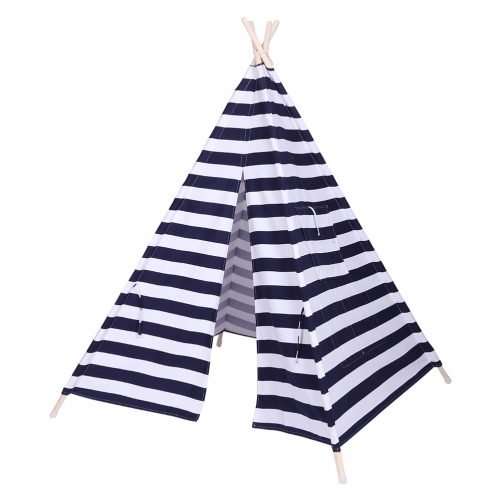 Children Teepee Tent with Small Coloured Flags roller shade and pocket Blue and White Stripes