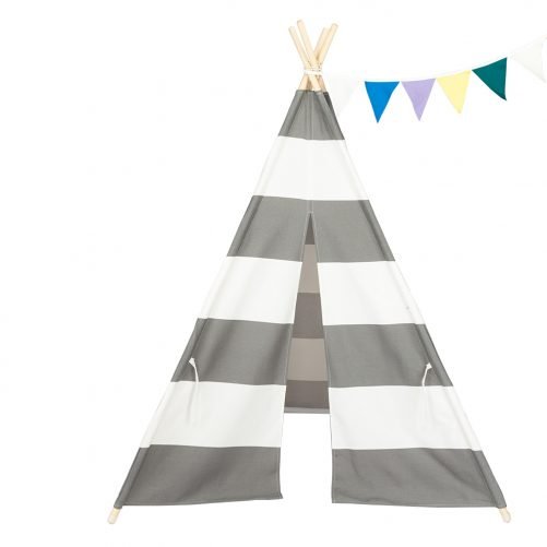 4Pcs Wooden Poles Teepee Tent for Kids Gray and White Stripes