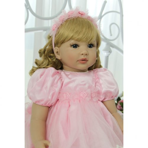 24" Beautiful Simulation Baby Golden Curly Girl Wearing Pink Princess Dress