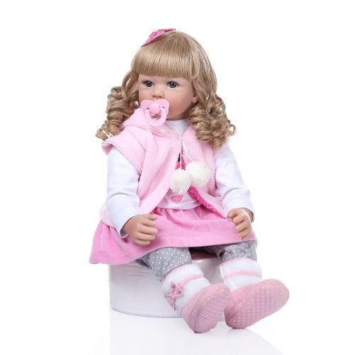 24" Beautiful Simulation Baby Golden Curly Girl Wearing Pink Rabbit Clothes
