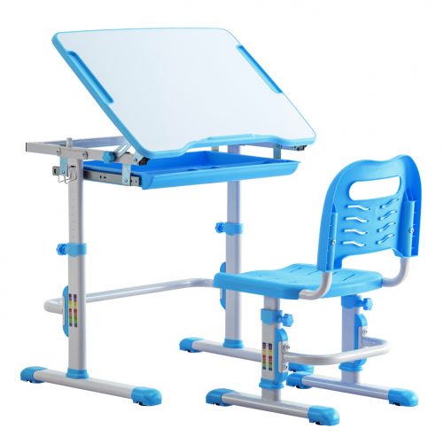 Student Desks and Chairs Set White Lacquered White Surface Blue Plastic