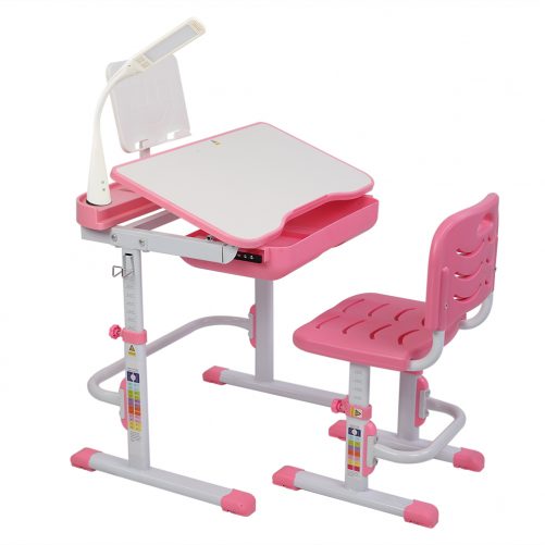 70CM Lifting Table Top Can Tilt Children Learning Table And Chair Pink (With Reading Stand   USB Interface Desk Lamp)