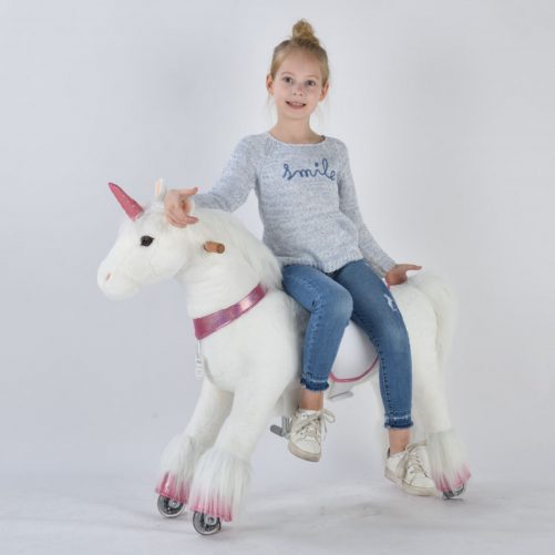 36'' Ride-on Unicorn for 4-9 Years Old  (White Unicorn with Pink Horn)