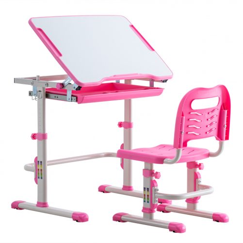 Student Desks and Chairs Set White Lacquered White Surface Pink Plastic