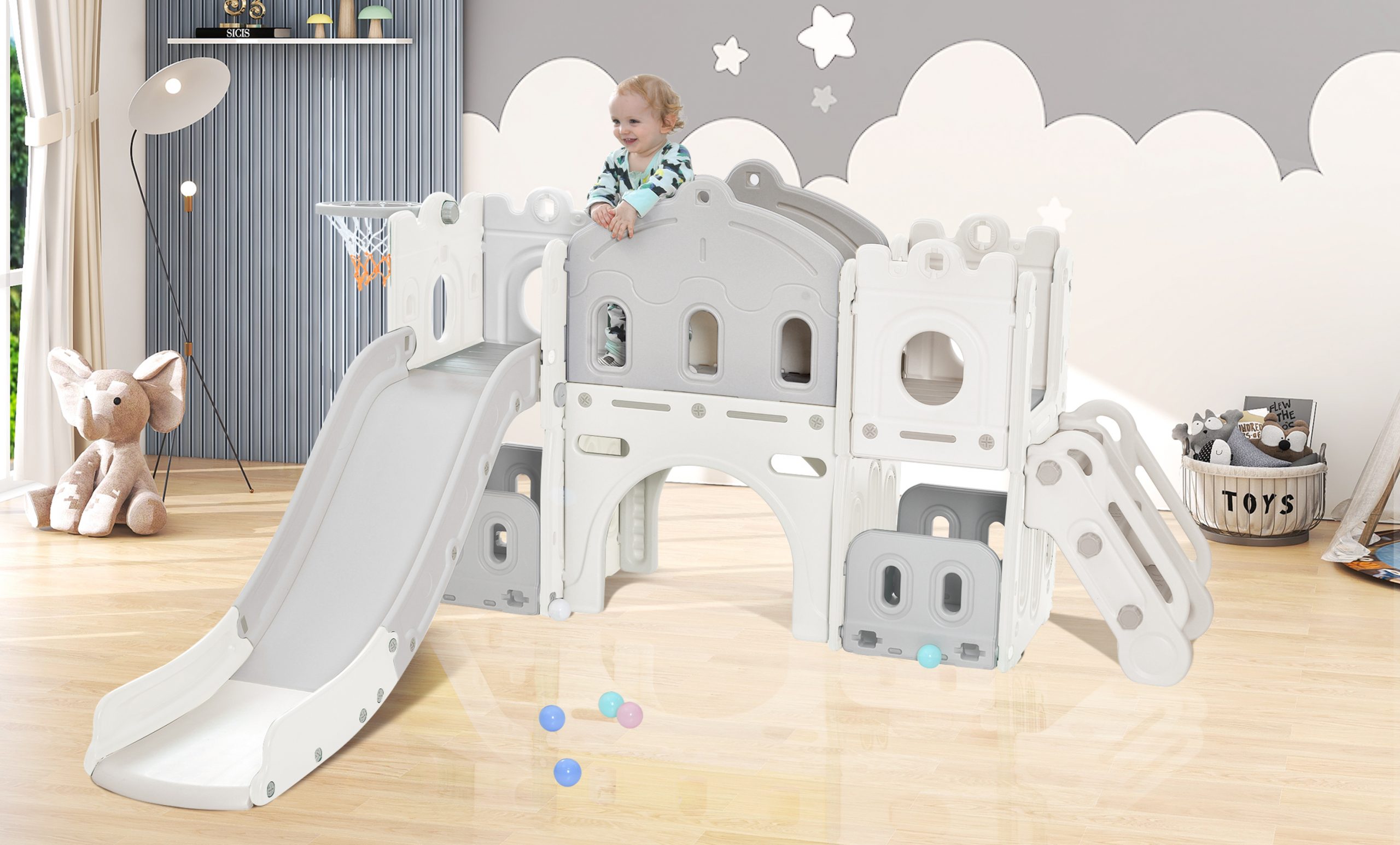 Freestanding Castle Climber with Slide and Basketball Hoop