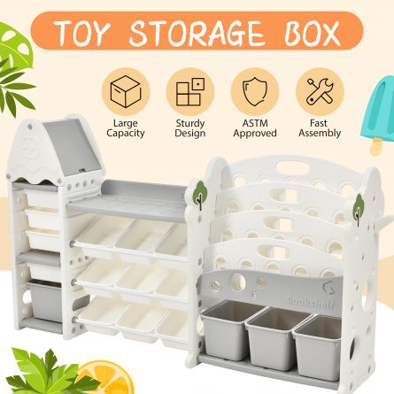 Toy Storage Organizer With 17 Bins And 4 Bookshelves